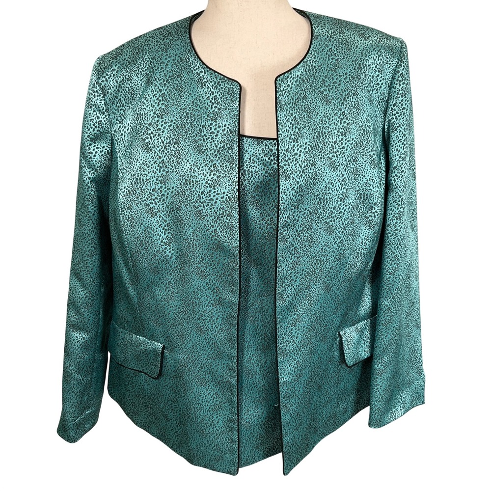 Kasper Blazer Shell Set Womens 16W Teal Jacquard Animal Metallic Statement 2pc